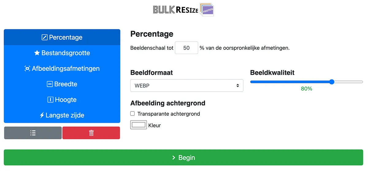 Instellingen van Bulk Resize om je foto te verkleinen